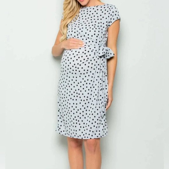 🌻 My Bump Cassie Polka Dot Bow Tie Midi Dress size Small Blue Black Maternity - Picture 3 of 9